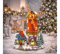 Moments In Time Christmas Village Building, Windmill with Village Building with LED Lights and Animation - Battery Operated (not Included) (12.2" H x 9.0" W x 6.3" D)
