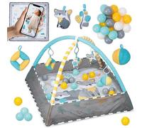 MoMi LAMMIS Play Arch for Babies from Birth 4-in-1 Set: Crawling Mat with Border and Photo Background, Ball Bath with 18 Balls, 5 Toys