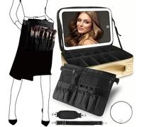 MOMIRA Large Makeup Train Case with Lighted and Mirror 14inch Partitionable Cosmetic Bag Travel Makeup Case Professional Cosmetic Artist Organizer, Waterproof Portable, with Shoulder Stra Golden