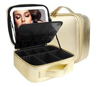 MOMIRA Makeup Bag with Mirror and Light - Travel Makeup Train Case Cosmetic Organizer with Adjustable Dividers - Golden