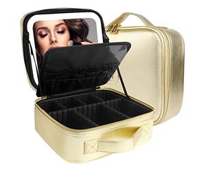MOMIRA Makeup Bag with Mirror and Light - Travel Makeup Train Case Cosmetic Organizer with Adjustable Dividers - Golden