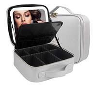 MOMIRA Makeup Bag with Mirror and Light - Travel Train Case Cosmetic Organizer with Adjustable Dividers - Silver