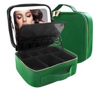 MOMIRA Makeup Case with Mirror and Light, Travel Makeup Train Case, Cosmetic Bag Organizer, Portable Artist Storage Bag, Emerald Green