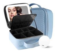 MOMIRA Travel Makeup Bag Cosmetic Bag Makeup Organizer Bag with Lighted Mirror, Adjustable Brightness in 3 Color Scenarios, Waterproof Makeup Train Case, Gift for Women - Classic Blue(Woven)