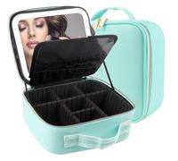 MOMIRA Travel Makeup Bag Cosmetic Bag Makeup Organizer Bag with Lighted Mirror, Adjustable Brightness in 3 Color Scenarios, Waterproof Makeup Train Case, Gift for Women - Green