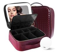 MOMIRA Travel Makeup Bag Cosmetic Bag Makeup Organizer Bag with Lighted Mirror, Adjustable Brightness in 3 Color Scenarios, Waterproof Makeup Train Case, Gift for Women - Wine Red(Woven)