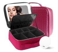 MOMIRA Travel Makeup Bag Cosmetic Bag Makeup Organizer Bag with Lighted Mirror, Adjustable Brightness in 3 Color Scenarios, Waterproof Makeup Train Case, Gift for Women - Rose Red(Woven)