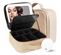MOMIRA Travel Makeup Bag Cosmetic Bag Makeup Organizer Bag with Lighted Mirror, Adjustable Brightness in 3 Color Scenarios, Waterproof Makeup Train Case, Gift for Women - Fleshcolor(Woven)