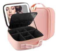 MOMIRA Travel Makeup Bag Cosmetic Bag Makeup Organizer Bag with Lighted Mirror, Adjustable Brightness in 3 Color Scenarios, Waterproof Makeup Train Case, Gift for Women - Pink