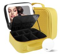 MOMIRA Travel Makeup Bag Cosmetic Bag Makeup Organizer Bag with Lighted Mirror, Adjustable Brightness in 3 Color Scenarios, Waterproof Makeup Train Case, Gift for Women - Light Yellow(Woven)