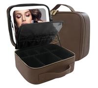 MOMIRA Travel Makeup Bag Cosmetic Bag Makeup Organizer Bag with Lighted Mirror, Adjustable Brightness in 3 Color Scenarios, Waterproof Makeup Train Case, Gift for Women - Brown