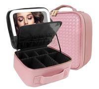 MOMIRA Travel Makeup Bag Cosmetic Bag Makeup Organizer Bag with Lighted Mirror, Adjustable Brightness in 3 Color Scenarios, Waterproof Makeup Train Case, Gift for Women - Sapphire Pink(Woven)