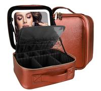 MOMIRA Travel Makeup Bag Cosmetic Bag Makeup Organizer Bag with Lighted Mirror, Adjustable Brightness in 3 Color Scenarios, Waterproof Makeup Train Case, Gift for Women, Z-Brilliant Orange, S