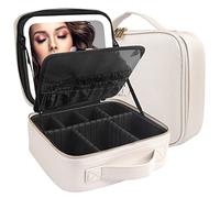 MOMIRA Travel Makeup Bag Cosmetic Bag Makeup Organizer Bag with Lighted Mirror, Adjustable Brightness in 3 Color Scenarios, Waterproof Makeup Train Case, Gift for Women - Khaki