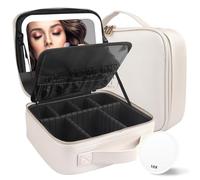 MOMIRA Travel Makeup Bag Cosmetic Bag with Illuminated Mirror, Adjustable Brightness in 3 Colour Scenarios, Gift for Women, khaki, Abnehmbarer Spiegel, Smooth