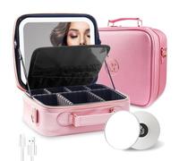 MOMIRA Travel Makeup Bag Cosmetic Bag with Lighted Mirror, Adjustable Brightness in 3 Color Scenarios/Detachable makeup mirror, 2024-All-round Upgrade, Waterproof, Gift for Women -Silver Pink, Silver