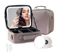 MOMIRA Travel Makeup Bag Cosmetic Bag with Lighted Mirror, Adjustable Brightness in 3 Color Scenarios/Detachable makeup mirror, All-round Upgrade, Waterproof, Gift for Women -Beige Grey