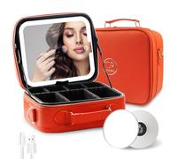 MOMIRA Travel Makeup Bag Cosmetic Bag with Lighted Mirror, Adjustable Brightness in 3 Color Scenarios/Detachable makeup mirror, All-round Upgrade, Waterproof, Gift for Women -Orange