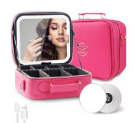 MOMIRA Travel Makeup Bag Cosmetic Bag with Lighted Mirror, Adjustable Brightness in 3 Color Scenarios/Detachable makeup mirror, 2024-All-round Upgrade, Waterproof, Gift for Women -Rose Red, Rose Red