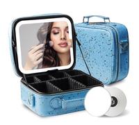 MOMIRA Travel Makeup Bag Cosmetic Bag with Lighted Mirror, Adjustable Brightness in 3 Color Scenarios/Detachable makeup mirror, 2024-All-round Upgrade, Waterproof, Gift for Women -Glett Blue, Glett