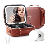 MOMIRA Travel Makeup Bag Cosmetic Bag with Lighted Mirror, Adjustable Brightness in 3 Color Scenarios/Detachable makeup mirror, 2024-All-round Upgrade, Waterproof, Gift for Women -Red Brown, Red Brown