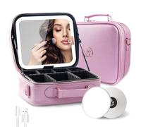 MOMIRA Travel Makeup Bag Cosmetic Bag with Lighted Mirror, Adjustable Brightness in 3 Color Scenarios/Detachable makeup mirror, 2024-All-round Upgrade, Waterproof, Gift for Women -Light Purple, Light