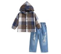 Momkonzz Baby Boy Clothes Toddler Boys Outfits Infant Long Sleeve Hoodies Plaid Tops Ripped Denim with Pockets Hooded Sweatsuit Sweatshirt Jacket Jeans Clothing for Little Boy Months(Brown 6-12M)