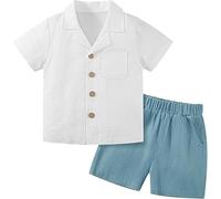 Momkonzz Boys Summer Clothes Set Toddler Button Down T Shirt + Kids Shorts Outfits 100% Cotton 3-7T (White, 6-7T)