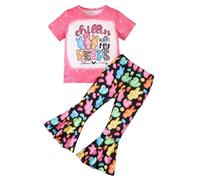 Momkonzz Girls Easter Outfits Kids Chillin With My Peeps Shirts + Bell Bottom Trousers Bunny Egg Printed 3-7Y (Pink 4Y)