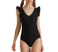 Momkonzz Girls Swimming Costumes Kids One Piece Swimsuit Straps Ruffle Bathing Suit Teen Surfing Beach V Neck Swimwear Black 7-8 Years