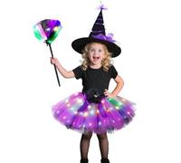 Momkonzz Halloween Witch Costume Kids for Girls Sparkling Tutu Skirt + Witch Hat + Broom Set Halloween Cosplay 3Pcs (Purple, 6-7T)