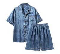Momkonzz Men's Pyjamas Set Satin Printing Nightwear 2 Pieces Short Sleeve Pjs Summer Casual Loungewear Sleepwear (XXL) Blue