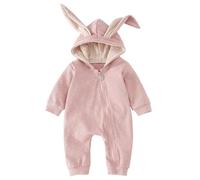 Momkonzz Newborn Baby Girl Easter Outfit My First Easter Onesie Infant Bunny Romper Long Sleeve Zip Up Jumpsuit Rabbit Ears Clothes Hooded Bodysuit Pink 9-12 Months