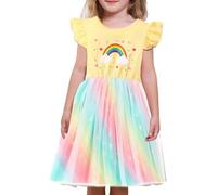 Momkonzz Toddler Girls Dress Little Girl Dinosaur Animal Rainbow Print Tulle Dresses Kids Short Ruffle Sleeve Tutu Summer Dress (Yellow, 7-8T)
