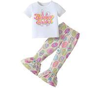 Momkonzz Toddler Girls Easter Outfits Little Girls Bunny Easter Egg Print Tops and Pants Clothes Set Children Short Sleeve Summer Clothing 3-4 Years