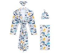 Mommy and Me 4 Piece Floral Dressing Gown and Wrap Set for Maternity and Baby Matching Delivery Blanket Headband for Mother Girls Boys, Blue Dinosaur 4 Pack, L-XL