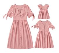 Mommy and Me Dresses Summer Leopard Ruffled Casual Dress Girl Solid Color Stripe Swing Midi Dress Family Matching Mother Daughter Outfit Pink M
