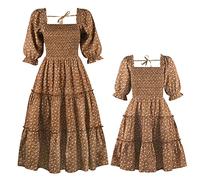 Mommy and Me Dresses Summer Mother Daughter Matching Family Clothes Women Girls Square Neckline Puff Short Sleeve Pleated Boho Maxi Long Dress Beach Holiday Pageant Party Brown Floral XL