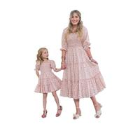 Mommy and Me Floral Dresses Boho Flowy Long Sleee Smocked Tiered Spring Fall Mother Daughter Matching Dresses (Pink Kid, 8-9 Years)