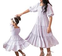 Mommy and Me Floral Dresses Boho Flowy Long Sleee Smocked Tiered Spring Fall Mother Daughter Matching Dresses (Purple Kid, 10-11 Years)