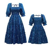 Mommy and Me Matching Dresses Floral Printed Ruffled Lantern Sleeves A-Line Long Dress Mom Daughter Matching Outfits, Blue Stars, S