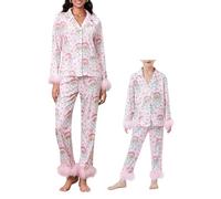 Mommy and Me Matching Pajamas Feather trim Pajama Sets Button Down Long Sleeve Tops Pants Set for Mother Daughter (Light Pink Child, 10 Years)