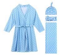 Mommy and Me Robe and Swaddle Set Floral Print Maternity and Baby Matching Hospital Labor Delivery Swaddling Wrap Blanket Dress with Headband Hat for Mom and Girl Boy 4pcs Outfit 2 Blue Polka Dots S/M