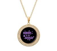 Mommy Is My Bestie Fashion Necklace Chain Round Graphic Pendant with Diamond Jewellery Golden-style