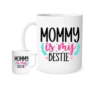 Mommy is My Bestie Mug - Cute 11oz Ceramic Coffee Cup for Mom from Daughter or Son - Mother's Day Gift, Baby Shower Present, Heart & Leaf Design