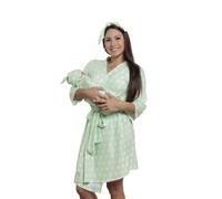 MOMMY O CLOCK Maternity Robe and Baby Swaddle Blanket, Milk Silk Matching Delivery Robe and Swaddling Wrap for Mom and Baby, Mint Polka Dots, L/XL (12-24)