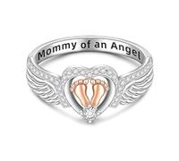 Mommy Of An Angel Ring, Heart Footprint Ring, Stylish Mom Angel Jewelry For Mothers Day, Elegant Wing Design Heart Footprint Memorial Jewelry