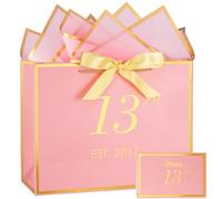 momoake 13th Birthday Gift Bag with Card and Tissue Paper for Girls/Her, 2012 13 Year Old 13" Elegant Pink Gold Anniversary Keepsake Party Present Shopping Paper Bags for 13th Birthday Decorations