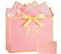 momoake 15th Birthday Gift Bag with Card and Tissue Paper for Girls/Her, 2010 15 Year Old 13" Elegant Pink Gold Anniversary Keepsake Party Present Shopping Paper Bags for 15th Birthday Decorations