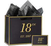 momoake 18th Birthday Gift Bag with Card and Tissue Paper for Boys Men Women, 2007 18 Year Old 13" Elegant Black Gold Anniversary Keepsake Party Present Shopping Paper Bags for Gifts Wrapping